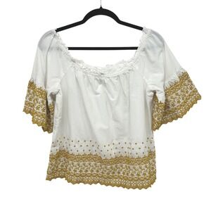 Boho Embroidered Peasant Top XL White Mustard Scallop Sleeve Festival Cottage‎